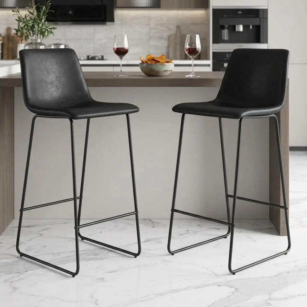 Set of Two 26" Black Faux Leather and Aluminum Counter Height Bar Chairs Homeroots Living Room