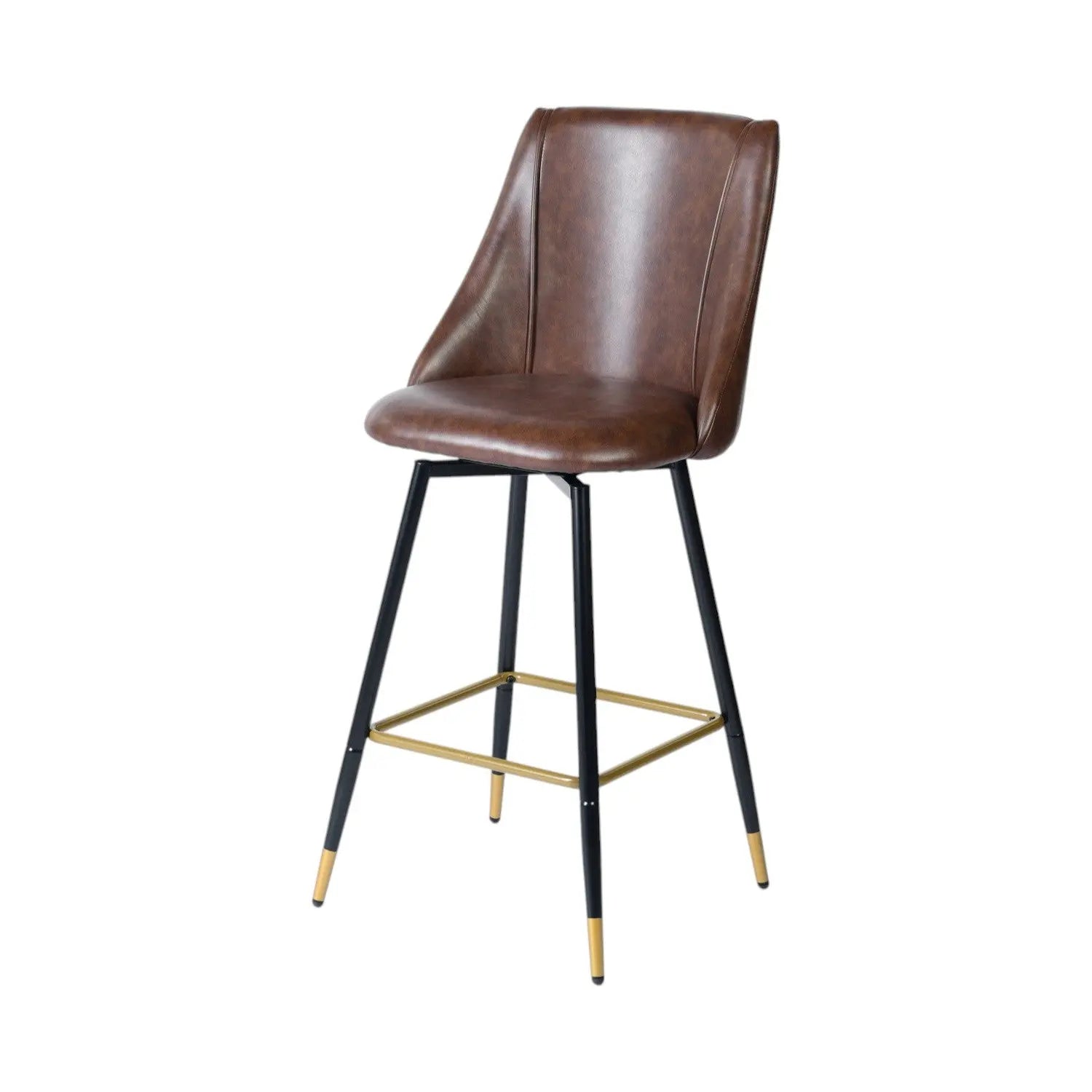 Set of Two 26" Brown and Black and Gold Faux Leather and Metal Counter Height Swivel Bar Chairs Homeroots Living Room