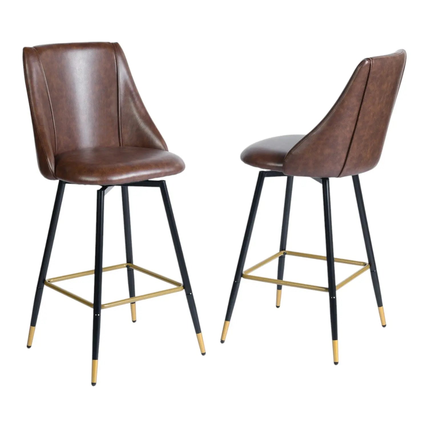 Set of Two 26" Brown and Black and Gold Faux Leather and Metal Counter Height Swivel Bar Chairs Homeroots Living Room