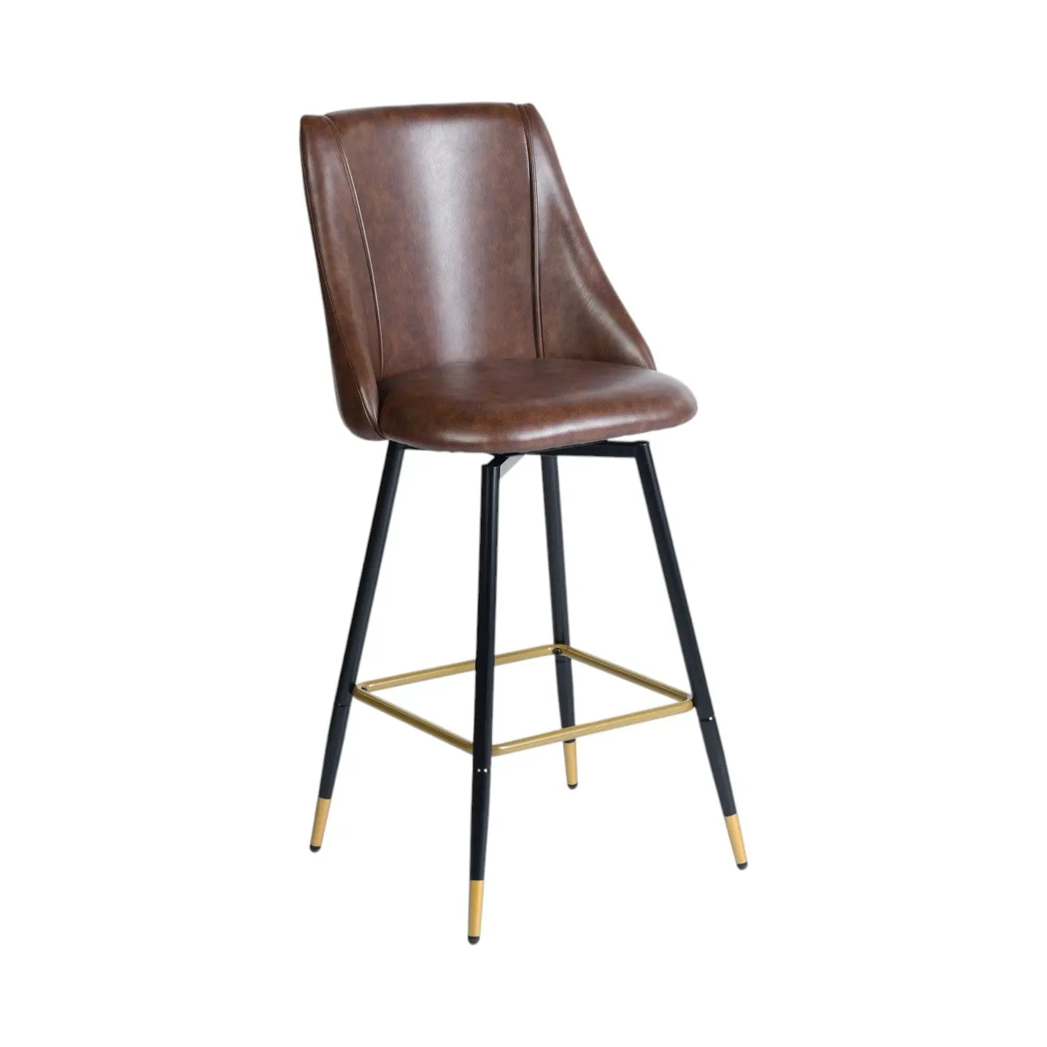 Set of Two 26" Brown and Black and Gold Faux Leather and Metal Counter Height Swivel Bar Chairs Homeroots Living Room