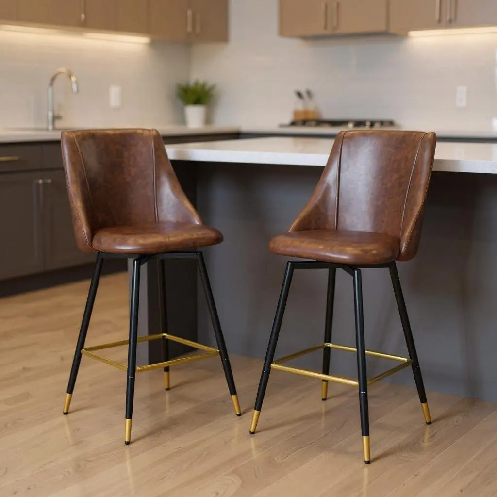Set of Two 26" Brown and Black and Gold Faux Leather and Metal Counter Height Swivel Bar Chairs Homeroots Living Room