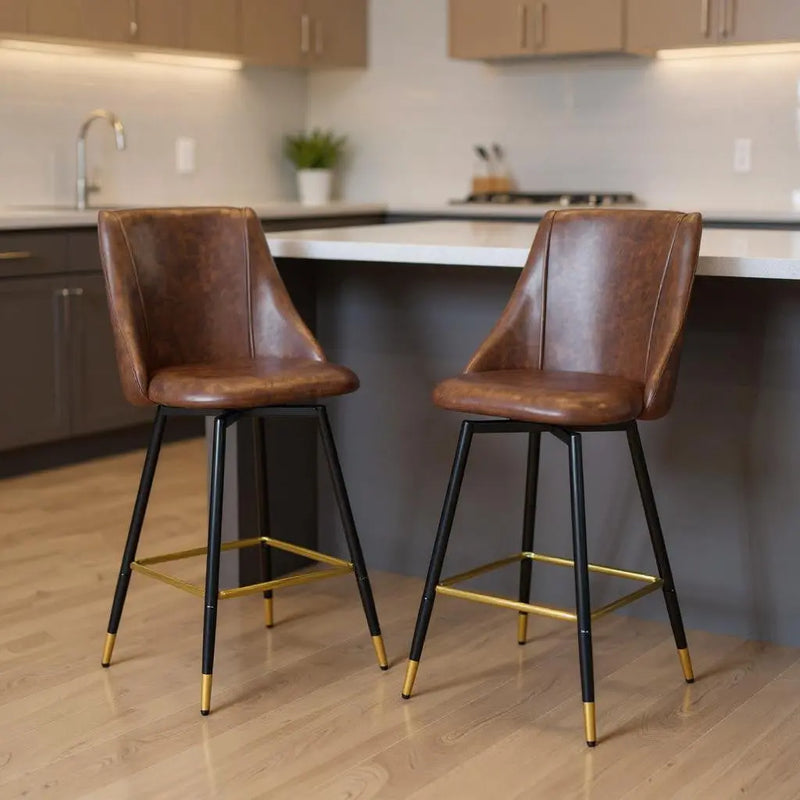 Set of Two 26" Brown and Black and Gold Faux Leather and Metal Counter Height Swivel Bar Chairs Homeroots Living Room