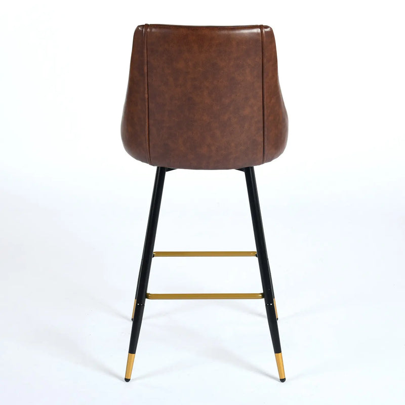 Set of Two 26" Brown and Black and Gold Faux Leather and Metal Counter Height Swivel Bar Chairs Homeroots Living Room