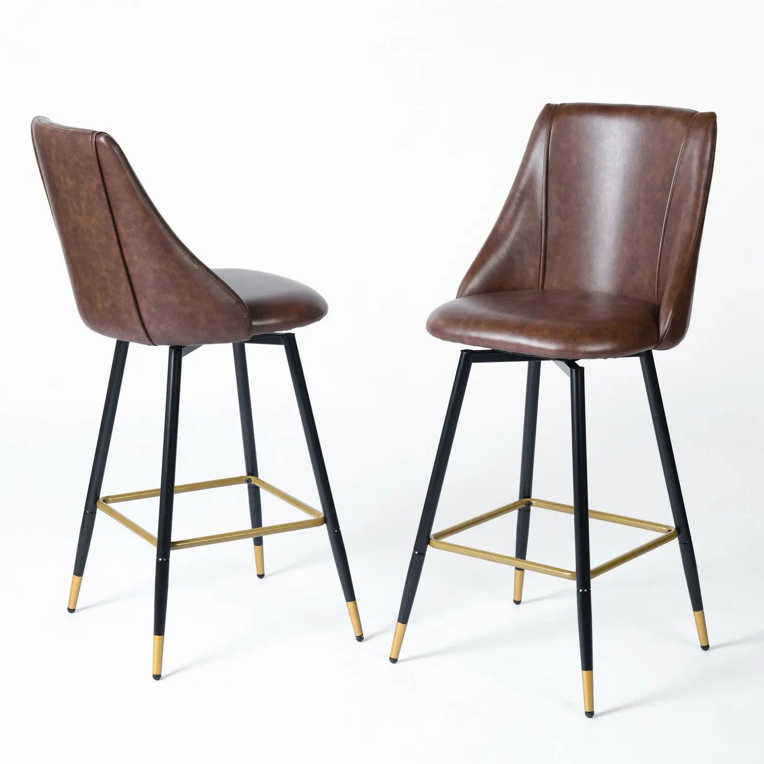 Set of Two 26" Brown and Black and Gold Faux Leather and Metal Counter Height Swivel Bar Chairs Homeroots Living Room