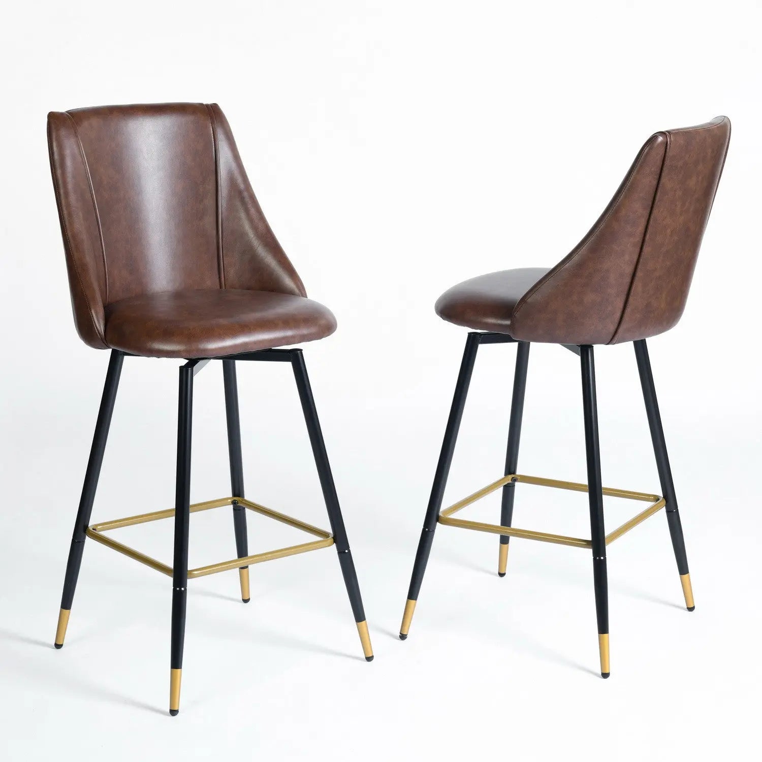 Set of Two 26" Brown and Black and Gold Faux Leather and Metal Counter Height Swivel Bar Chairs Homeroots Living Room
