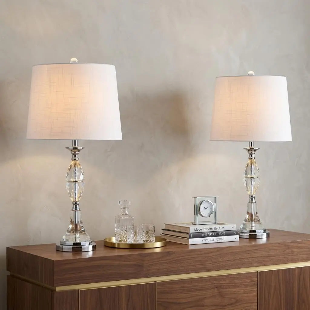 Set of Two 26" Clear And Silver Novelty Table Lamps With Drum Shades Homeroots Lighting