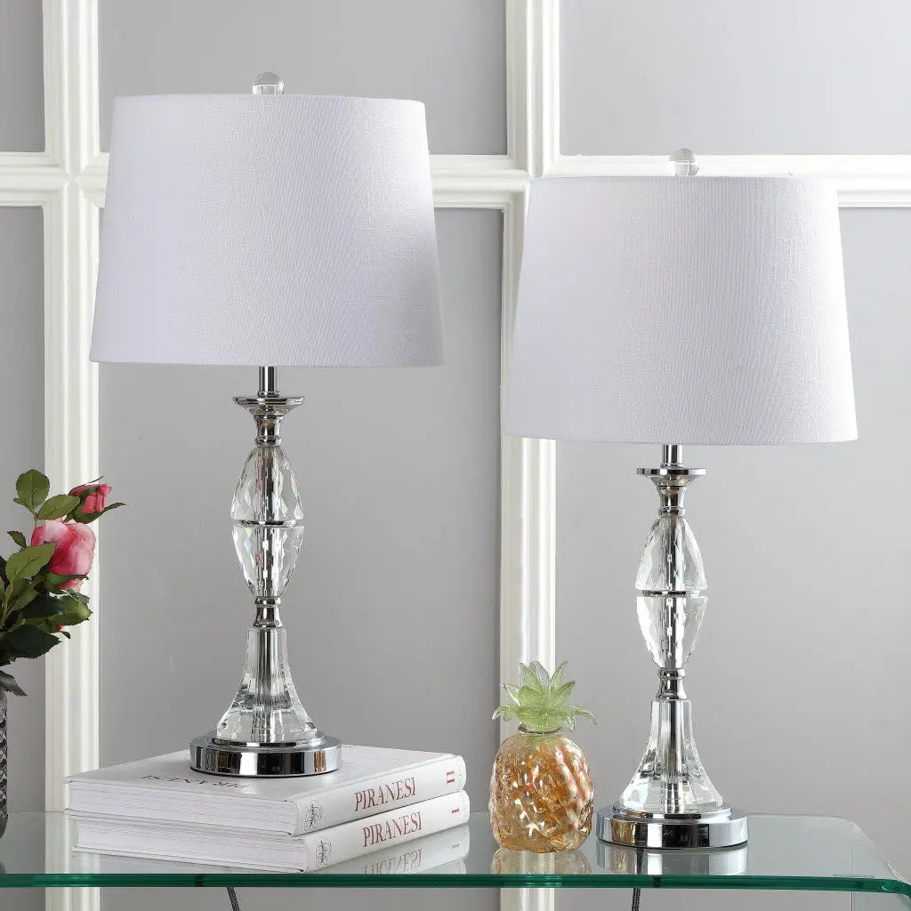 Set of Two 26" Clear And Silver Novelty Table Lamps With Drum Shades Homeroots Lighting
