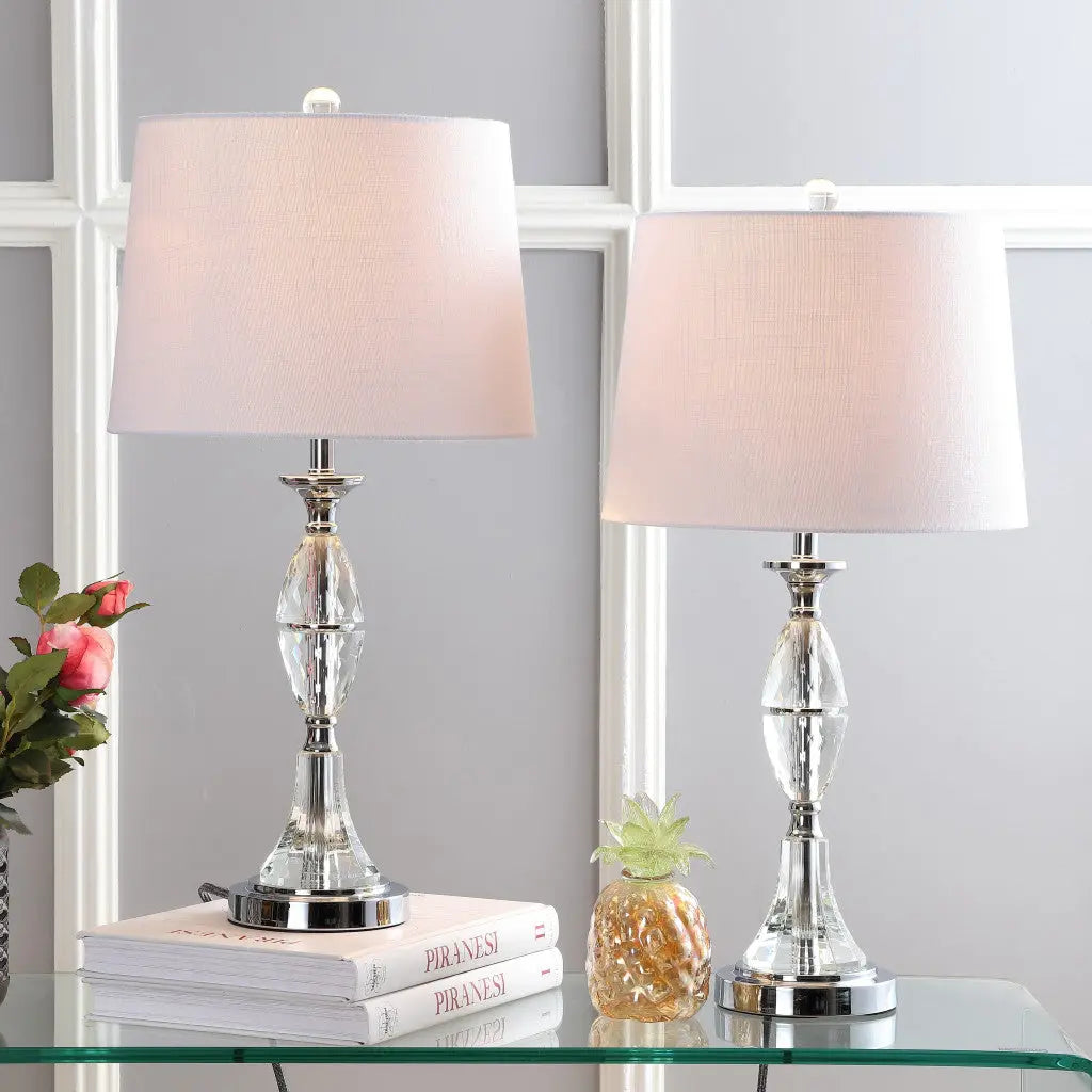 Set of Two 26" Clear And Silver Novelty Table Lamps With Drum Shades Homeroots Lighting