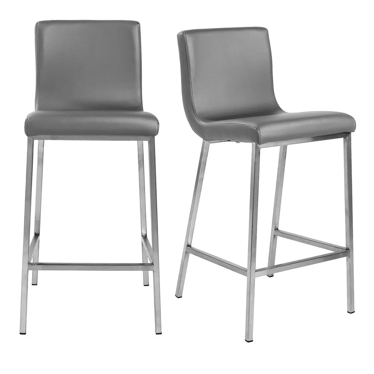 Set of Two 26" Gray And Silver Faux Leather And Steel Low Back Counter Height Bar Chairs Homeroots Living Room