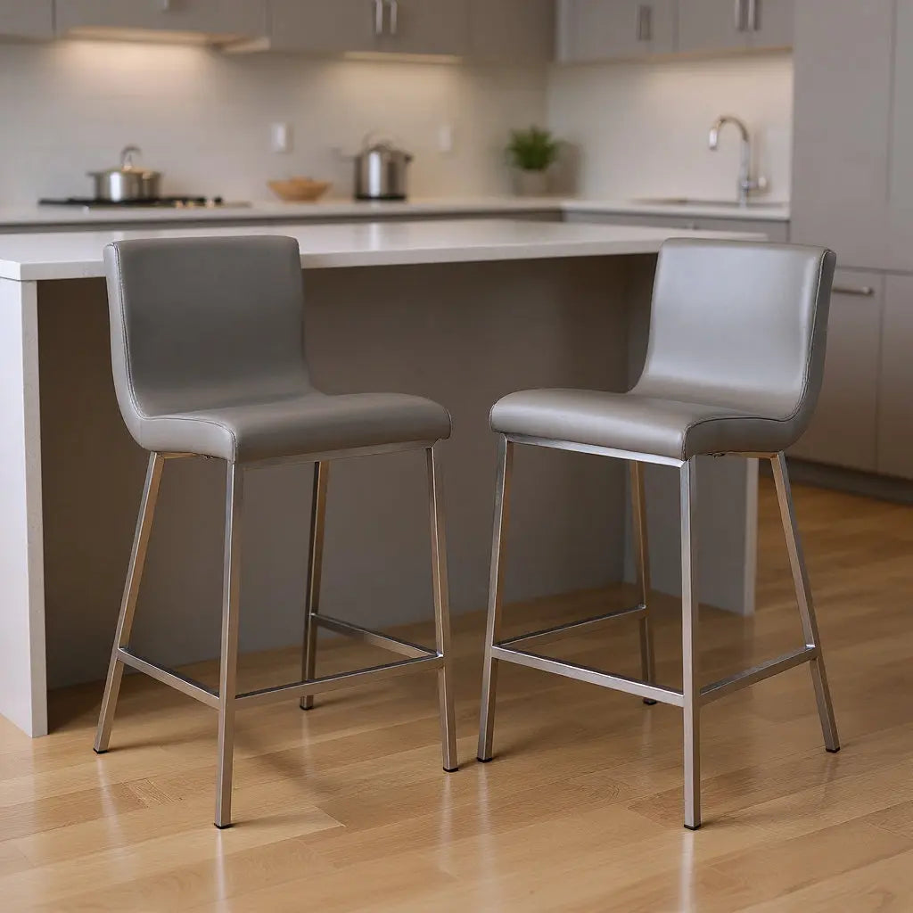 Set of Two 26" Gray And Silver Faux Leather And Steel Low Back Counter Height Bar Chairs Homeroots Living Room