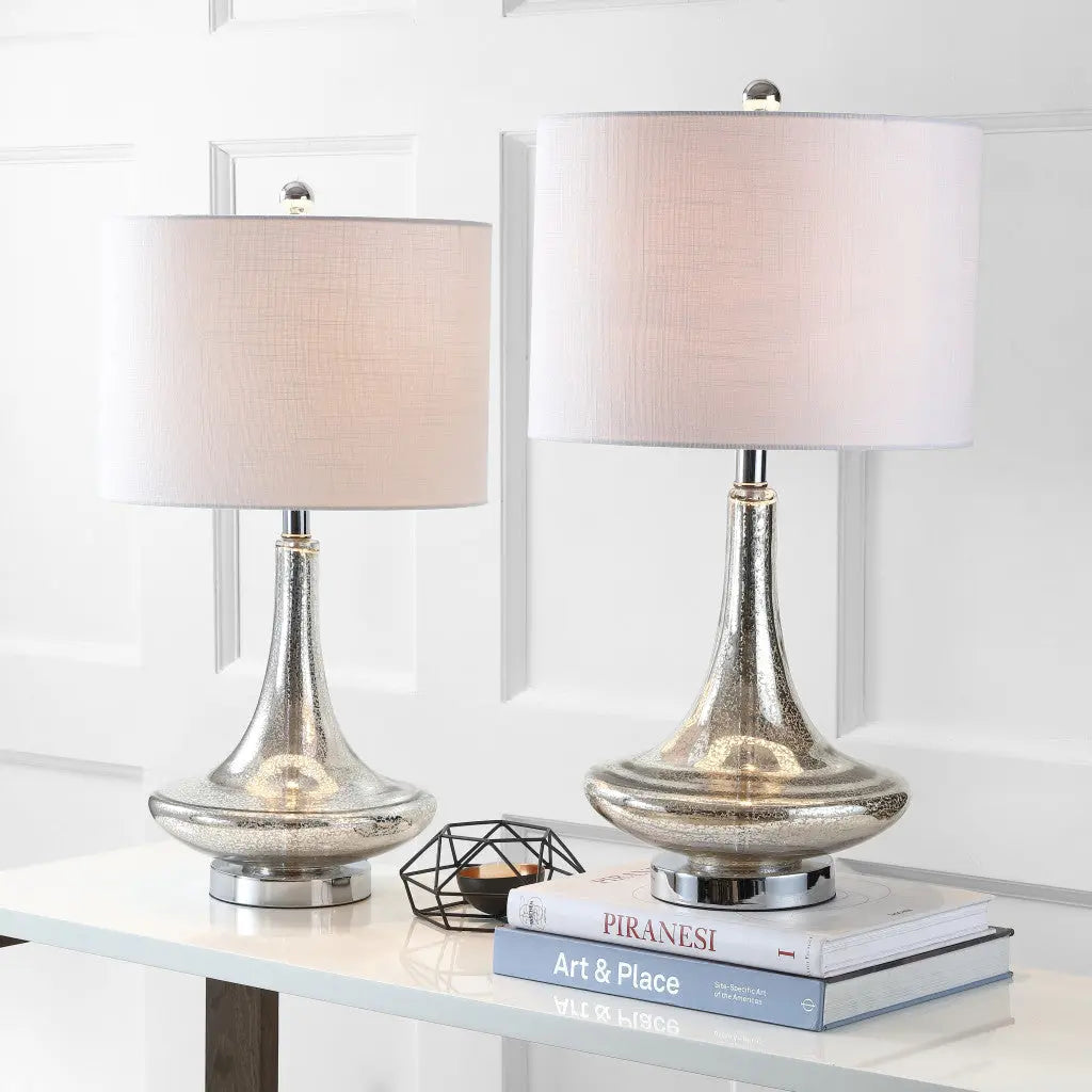 Set of Two 26" Silver Novelty Table Lamps With Drum Shades Homeroots Lighting