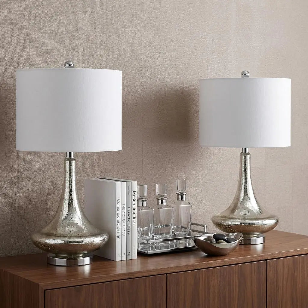Set of Two 26" Silver Novelty Table Lamps With Drum Shades Homeroots Lighting