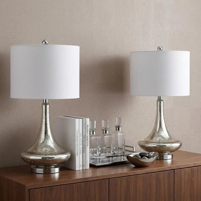 Set of Two 26" Silver Novelty Table Lamps With Drum Shades Homeroots Lighting