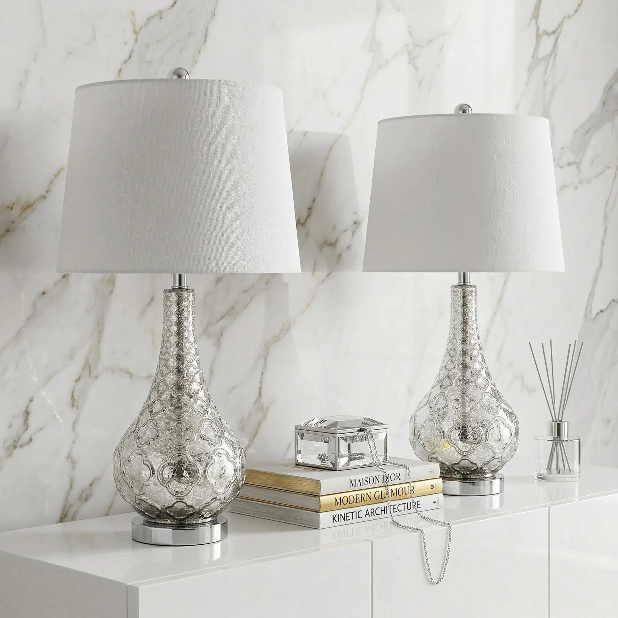 Set of Two 26" Silver Novelty Table Lamps With Drum Shades Homeroots Lighting
