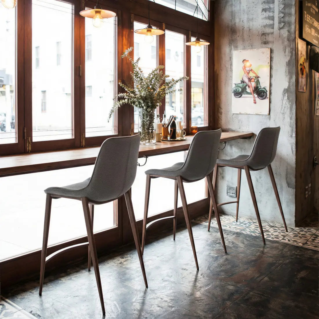 Set of Two 26" Slate Gray and Brown Faux Leather and Steel Counter Height Bar Chairs Homeroots Living Room