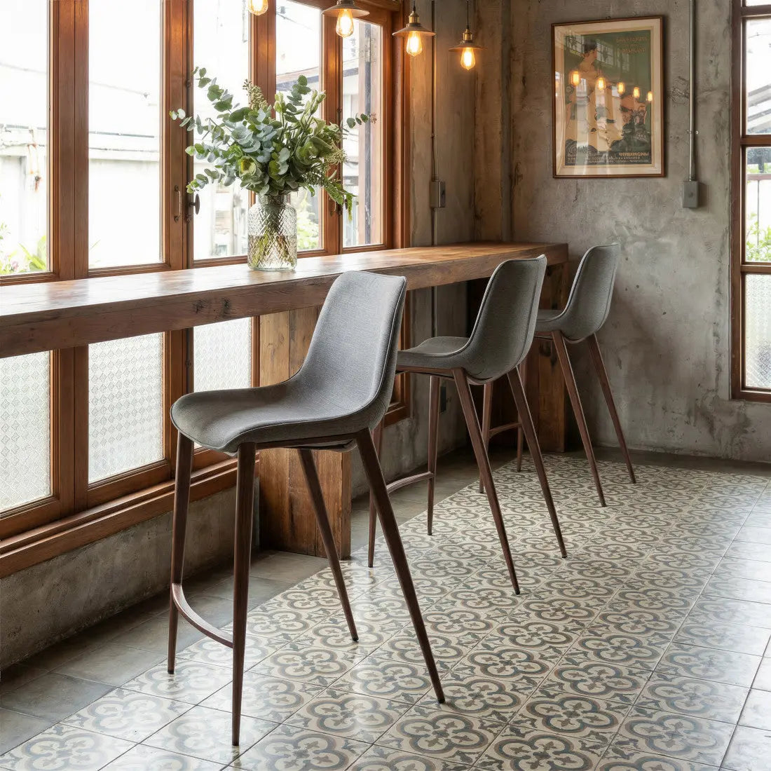Set of Two 26" Slate Gray and Brown Faux Leather and Steel Counter Height Bar Chairs Homeroots Living Room