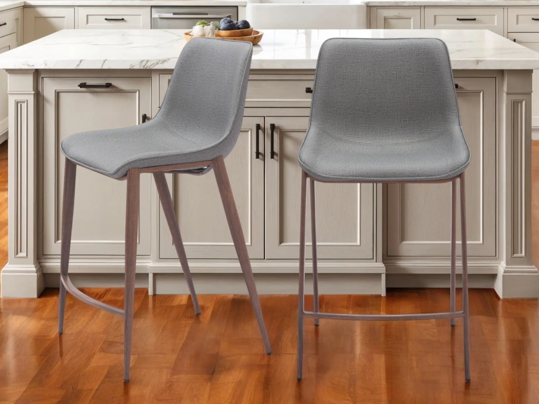 Set of Two 26" Slate Gray and Brown Faux Leather and Steel Counter Height Bar Chairs Homeroots Living Room