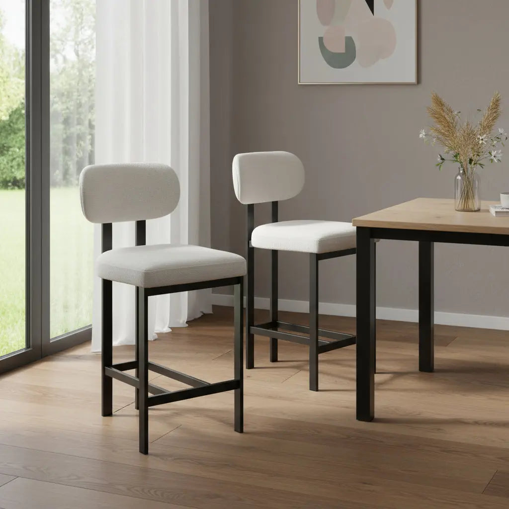 Set of Two 26" White and Black Fabric and Metal Counter Height Bar Chairs Homeroots Living Room