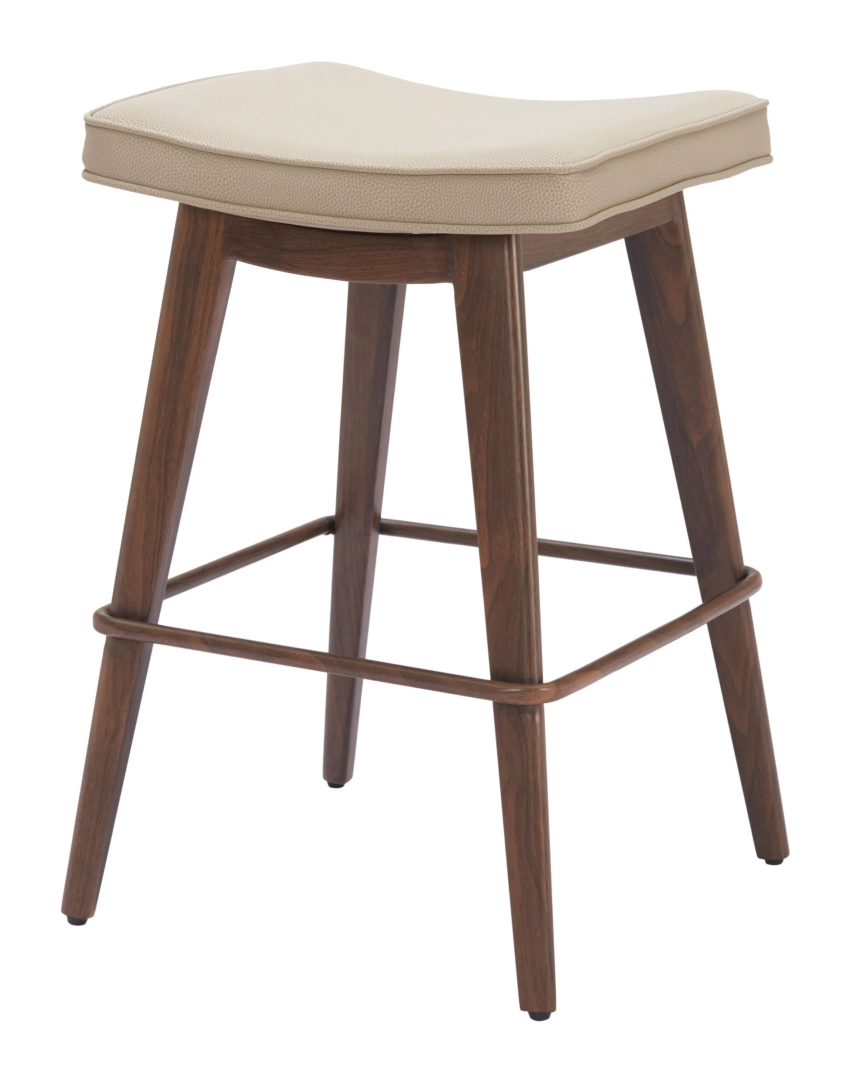 Set of Two 27" Beige and Walnut Faux Leather and Steel Backless Counter Height Bar Chairs Homeroots Living Room