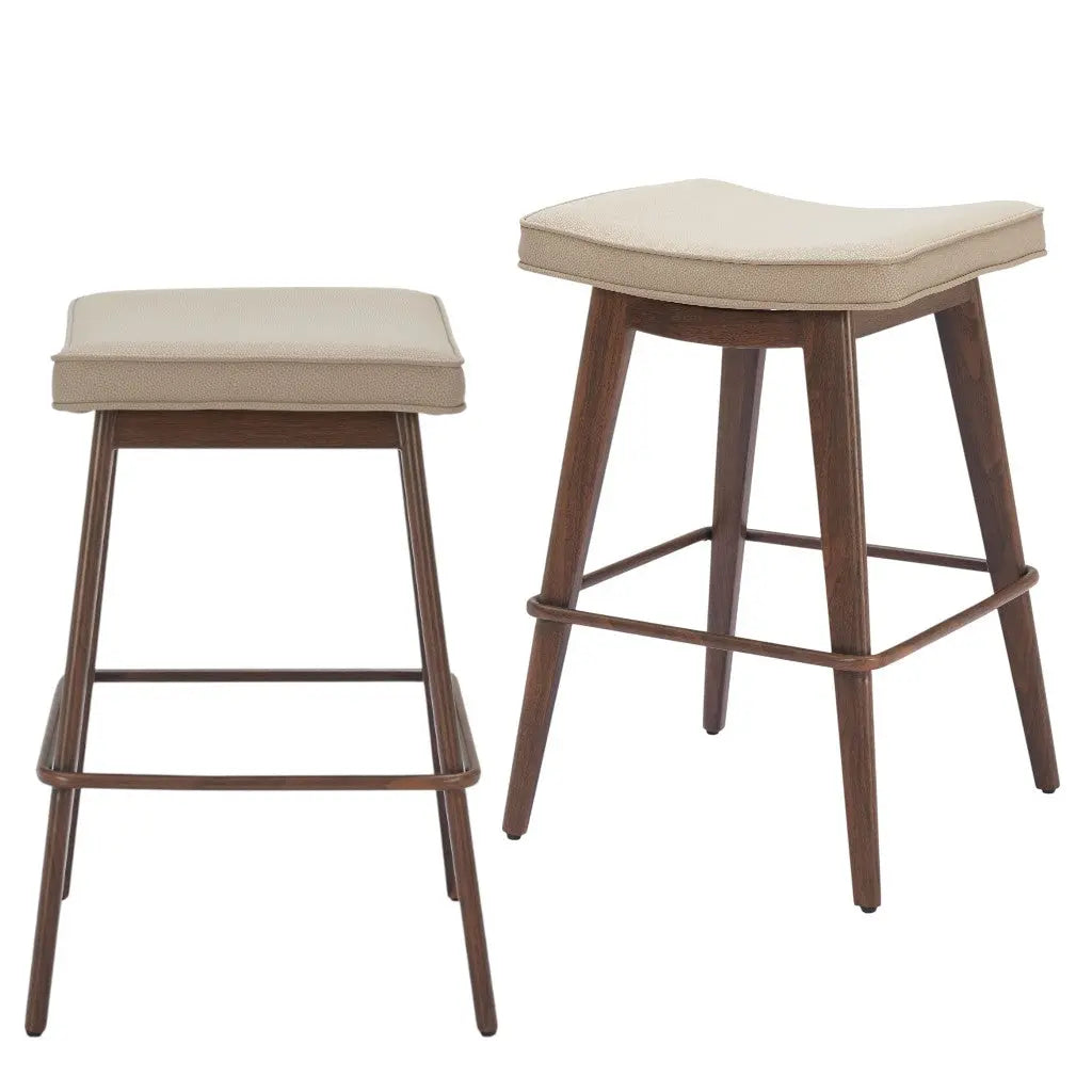 Set of Two 27" Beige and Walnut Faux Leather and Steel Backless Counter Height Bar Chairs Homeroots Living Room