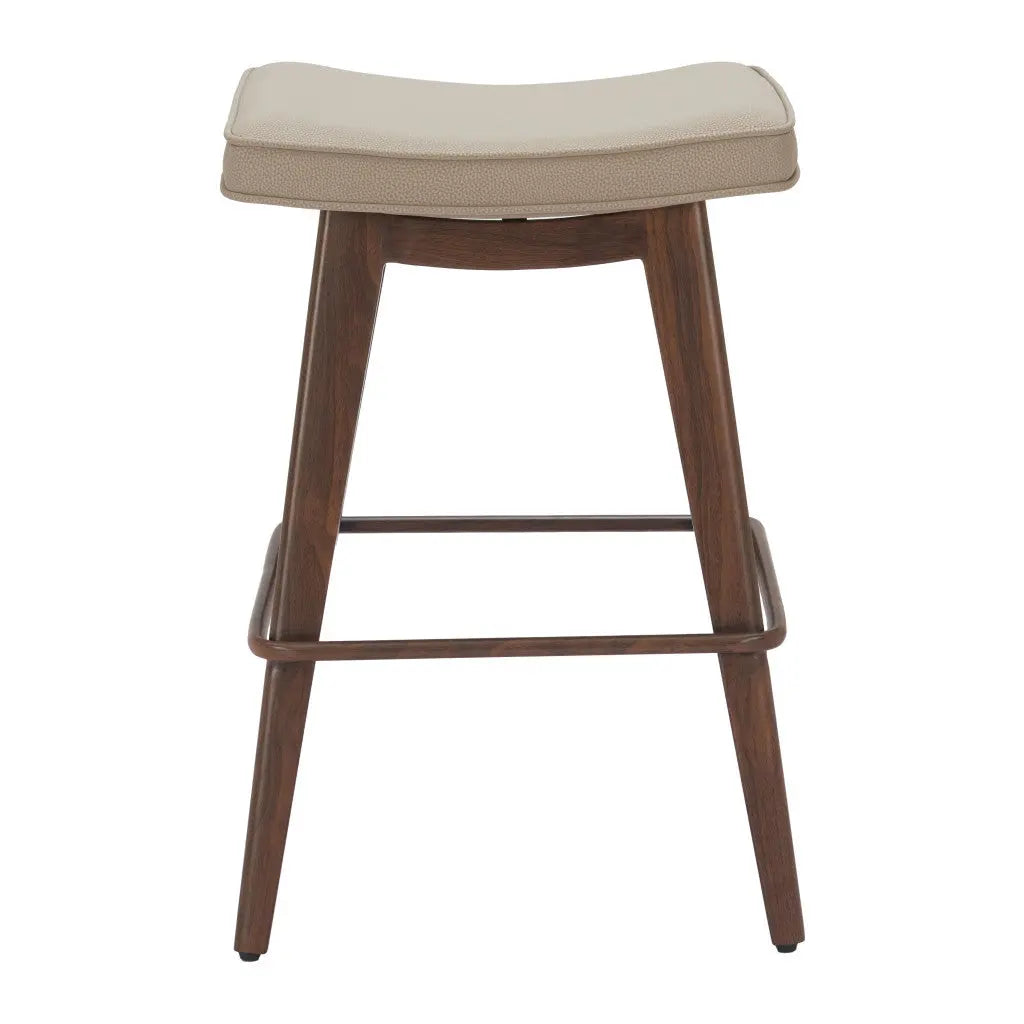 Set of Two 27" Beige and Walnut Faux Leather and Steel Backless Counter Height Bar Chairs Homeroots Living Room