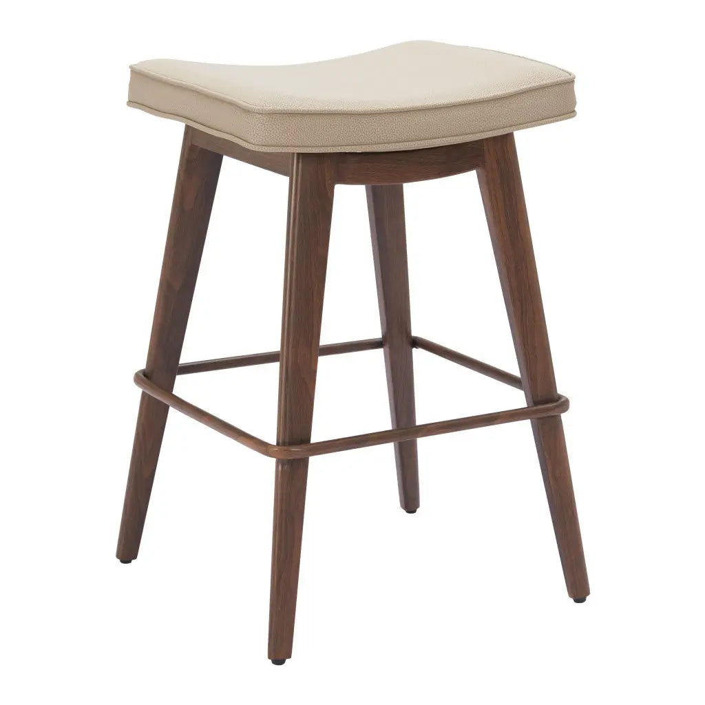 Set of Two 27" Beige and Walnut Faux Leather and Steel Backless Counter Height Bar Chairs Homeroots Living Room
