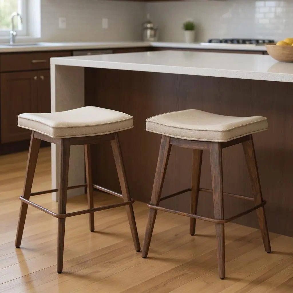 Set of Two 27" Beige and Walnut Faux Leather and Steel Backless Counter Height Bar Chairs Homeroots Living Room