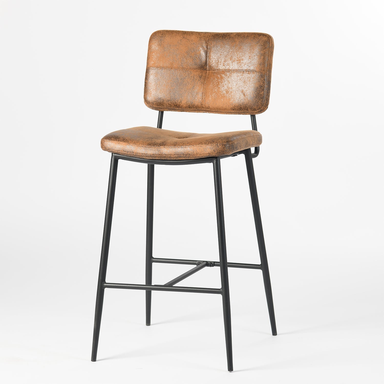 Set of Two 27" Brown And Black Faux Leather And Steel Low Back Counter Height Bar Chairs Homeroots Living Room