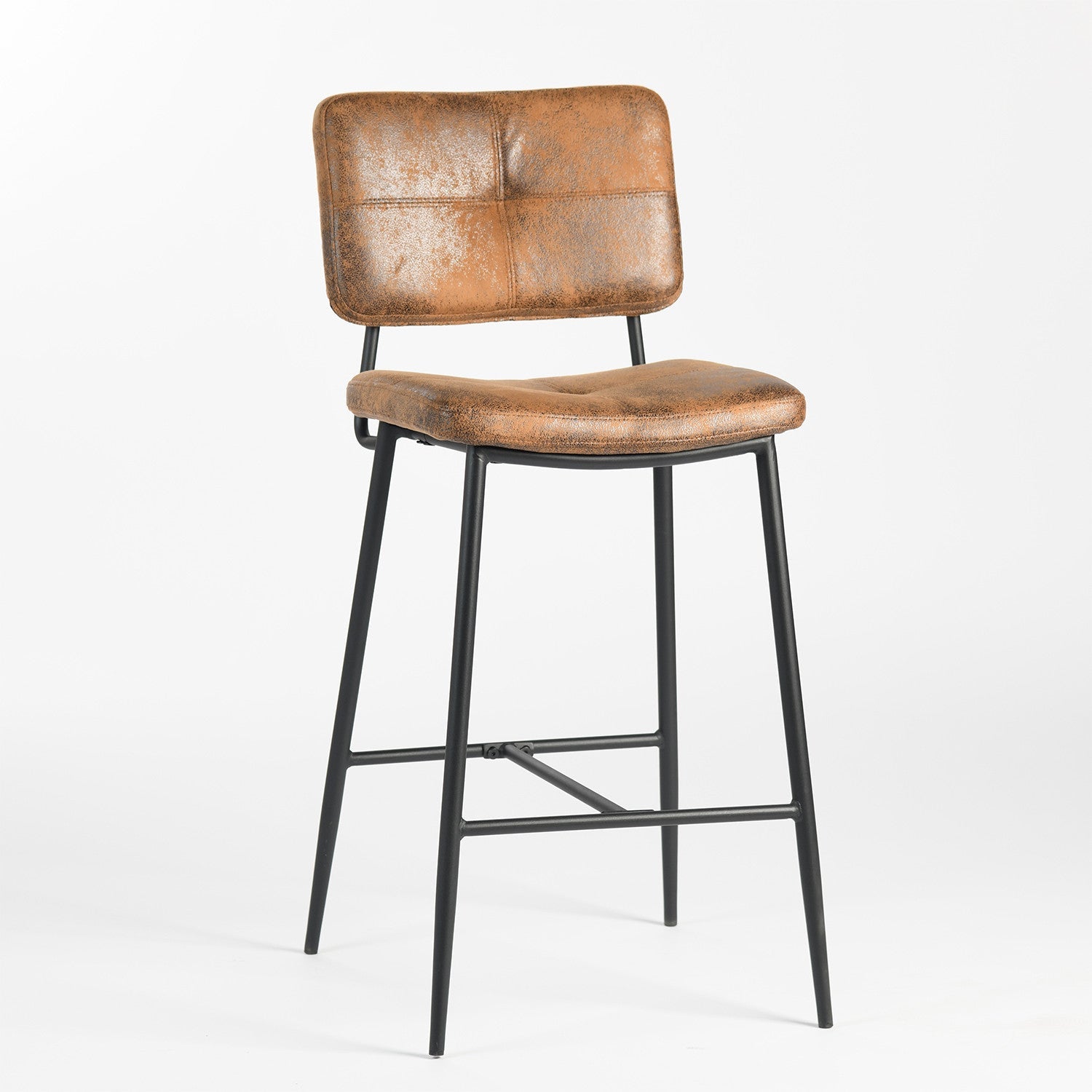 Set of Two 27" Brown And Black Faux Leather And Steel Low Back Counter Height Bar Chairs Homeroots Living Room