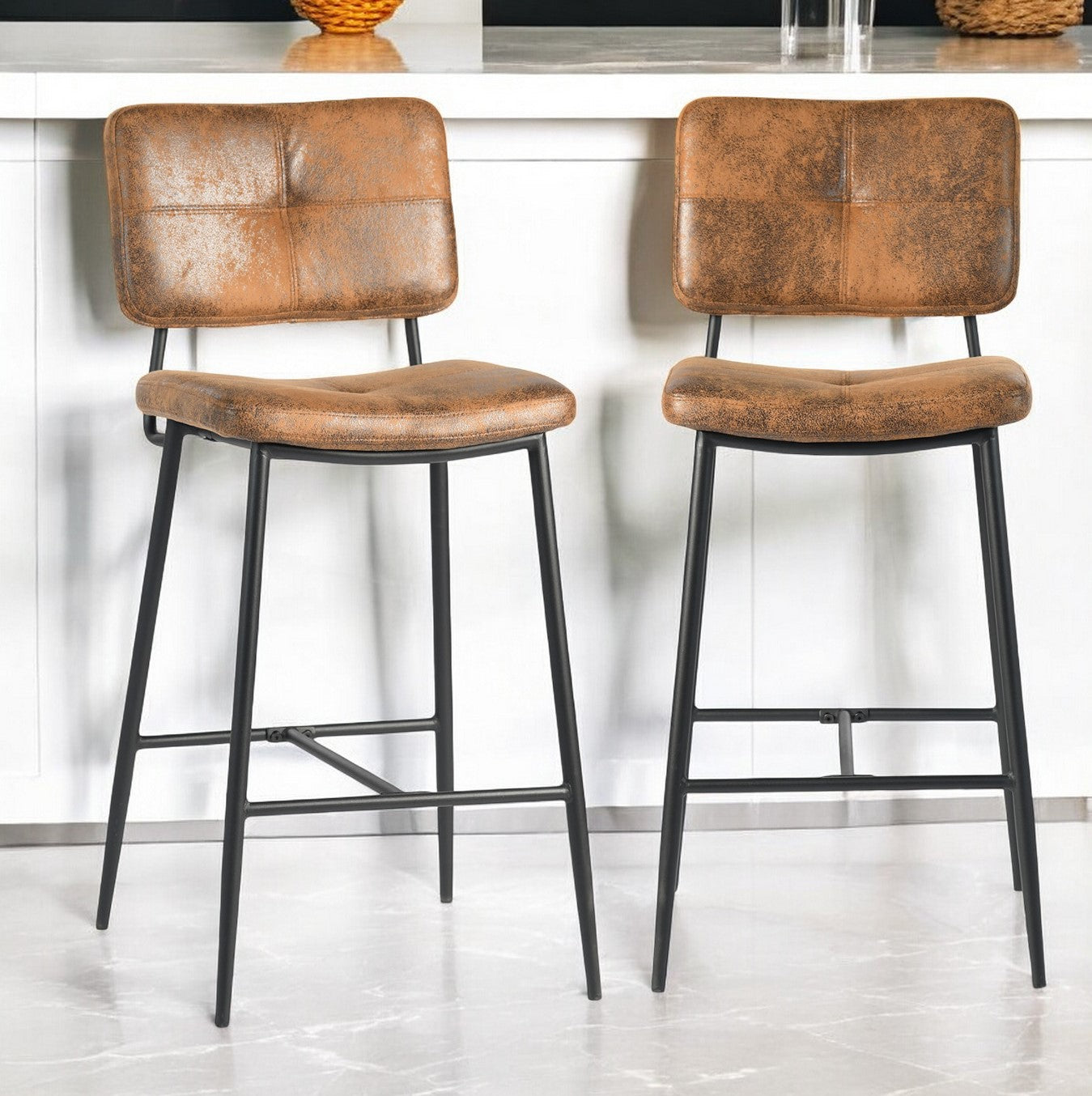 Set of Two 27" Brown And Black Faux Leather And Steel Low Back Counter Height Bar Chairs Homeroots Living Room