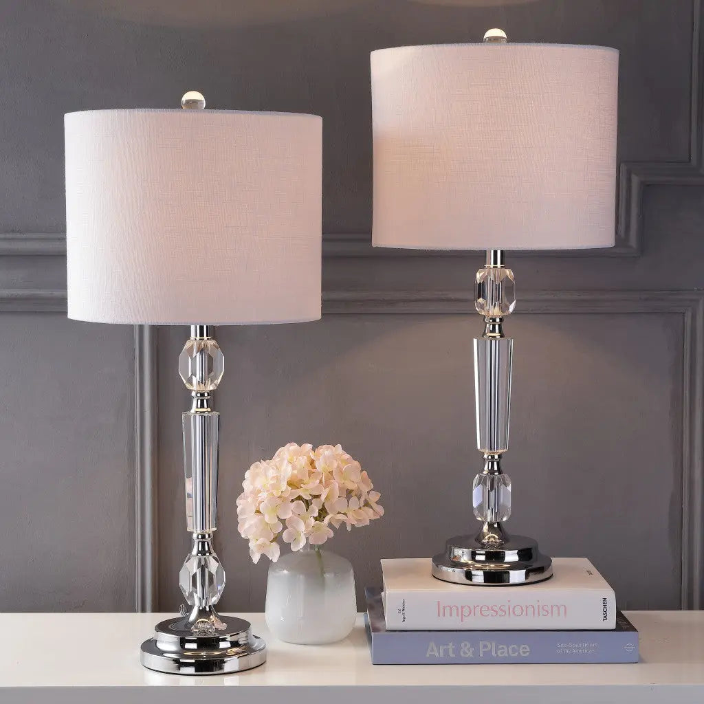 Set of Two 27" Clear And Silver Bedside Lamps With Drum Shades Homeroots Lighting