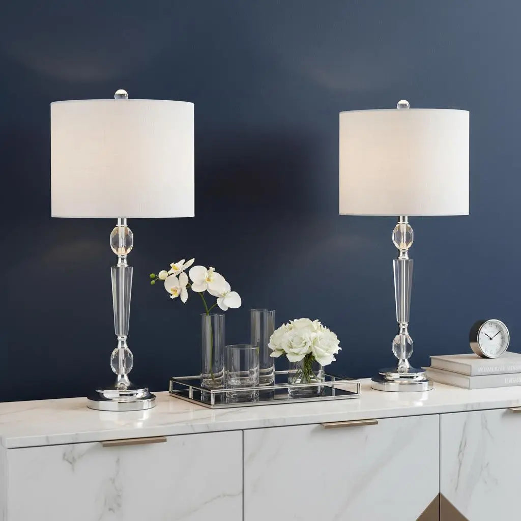 Set of Two 27" Clear And Silver Bedside Lamps With Drum Shades Homeroots Lighting