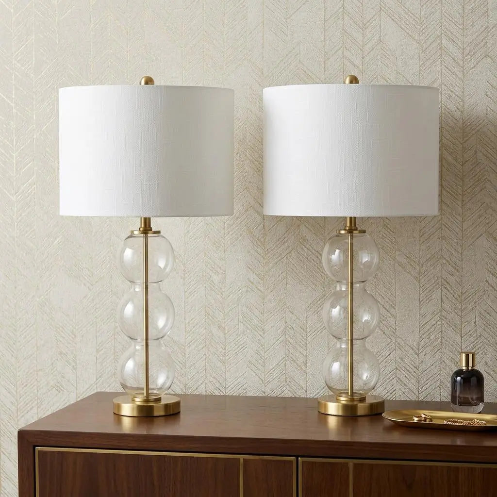 Set of Two 27" Gold Novelty Table Lamps With Drum Shades Homeroots Lighting