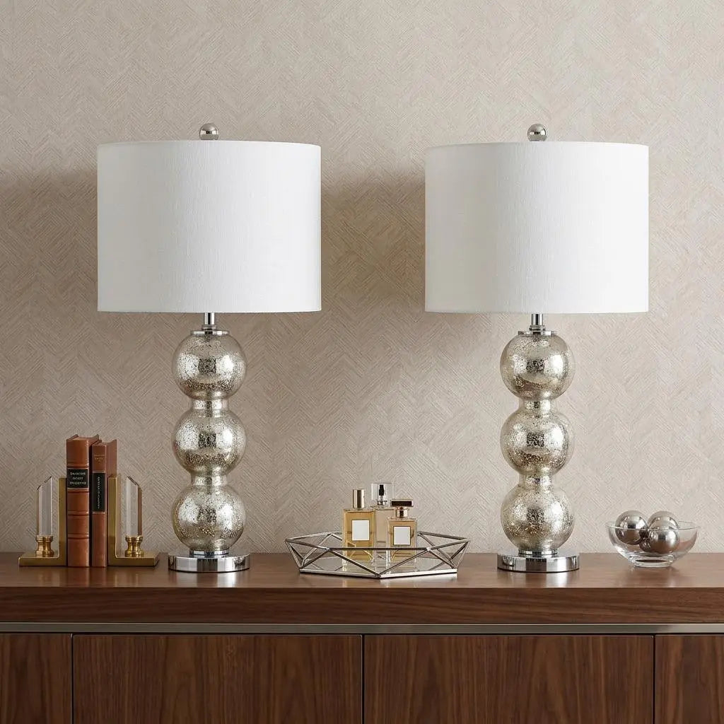 Set of Two 27" Silver Novelty Table Lamps With Drum Shades Homeroots Lighting