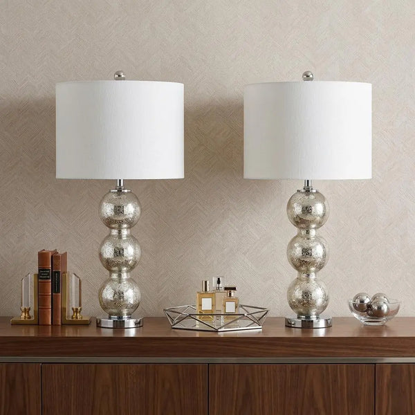 Set of Two 27" Silver Novelty Table Lamps With Drum Shades Homeroots Lighting