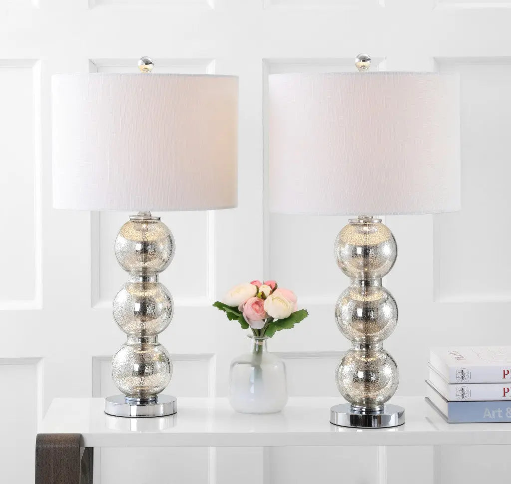 Set of Two 27" Silver Novelty Table Lamps With Drum Shades Homeroots Lighting