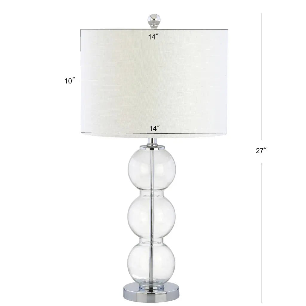 Clear glass bubble table lamp with white fabric shade, chrome base, 27" tall, modern style, perfect for any decor.