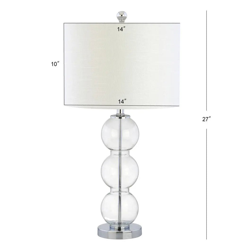 Clear glass bubble table lamp with white fabric shade, chrome base, 27" tall, modern style, perfect for any decor.