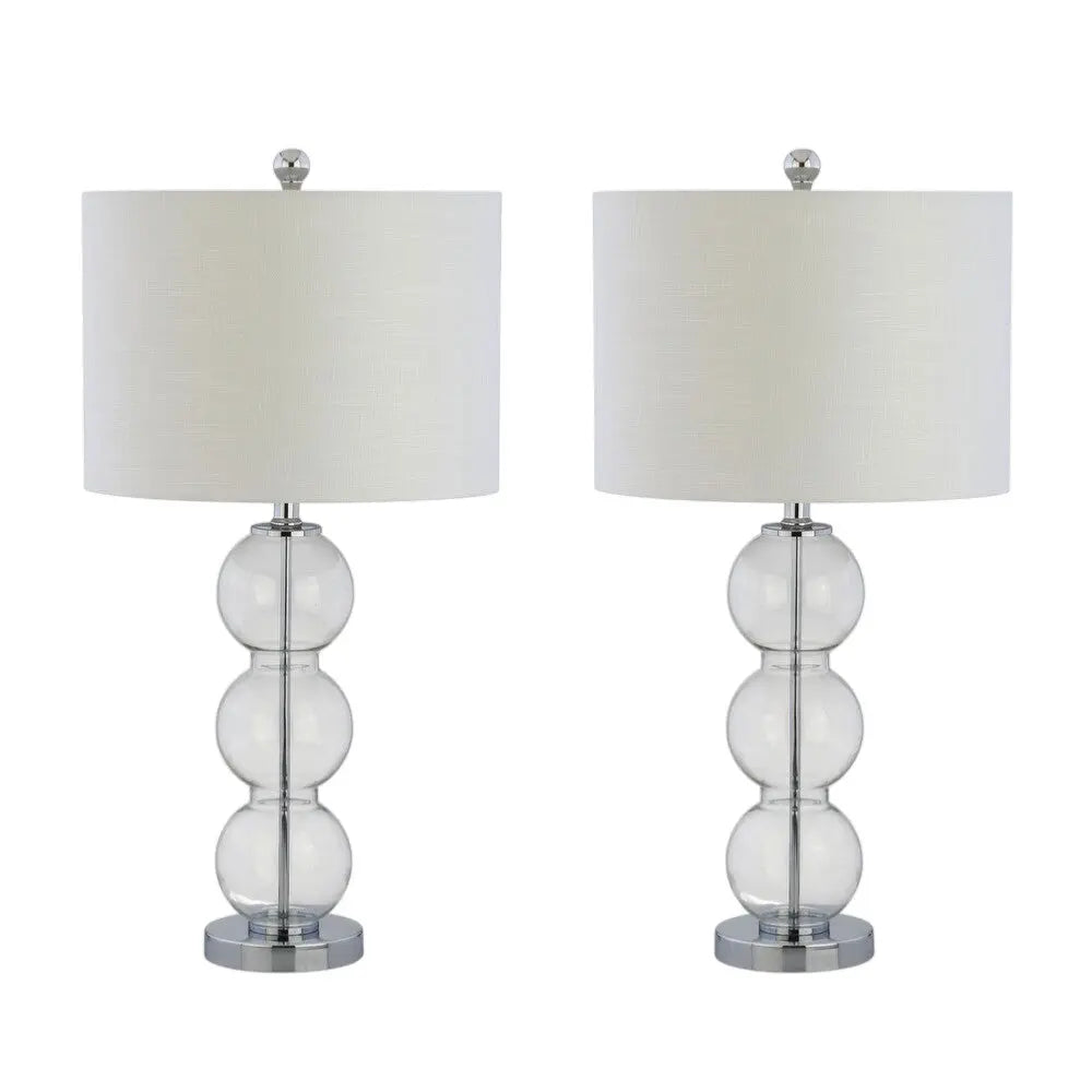 Set of 2 modern clear glass table lamps with white linen shades and chrome bases, perfect for contemporary decor.