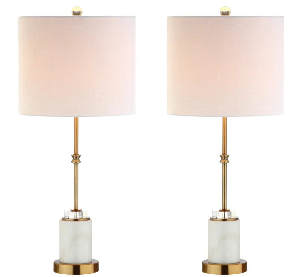 Set of Two 27" White And Brass Table Lamps With Drum Shades Homeroots Lighting
