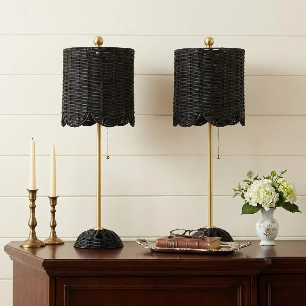 Set of Two 28" Black Table Lamps With Drum Shades Homeroots Lighting
