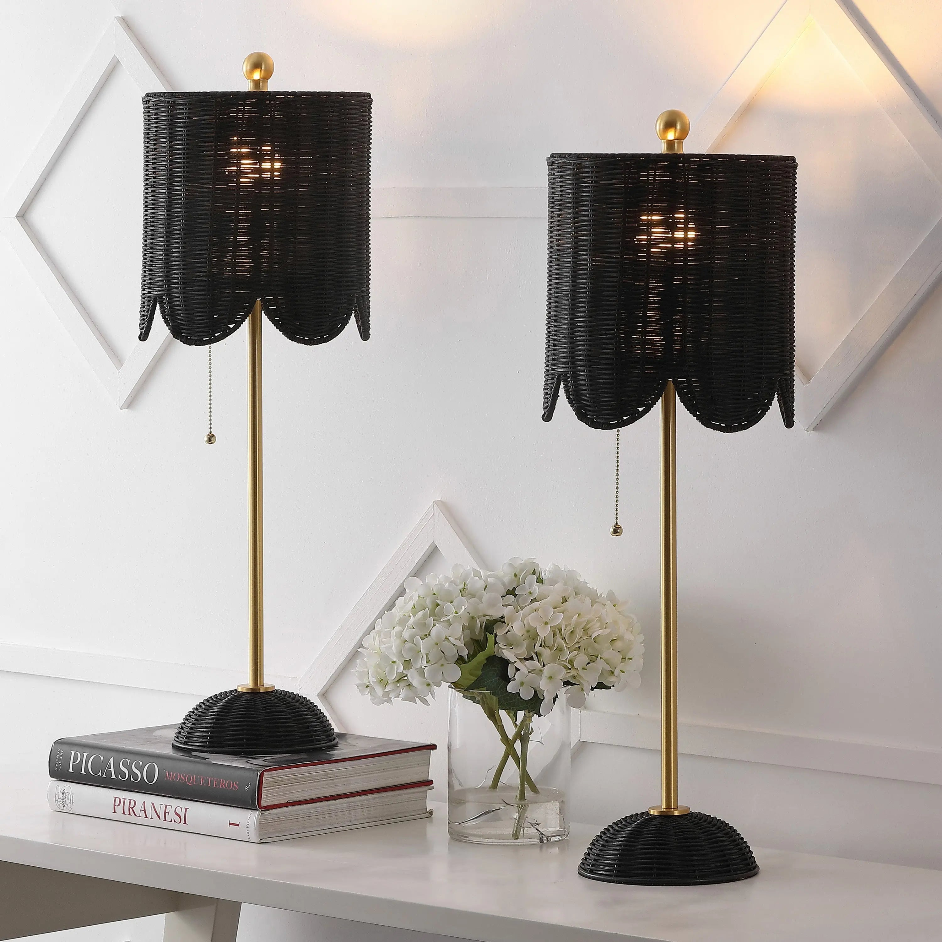 Set of Two 28" Black Table Lamps With Drum Shades Homeroots Lighting