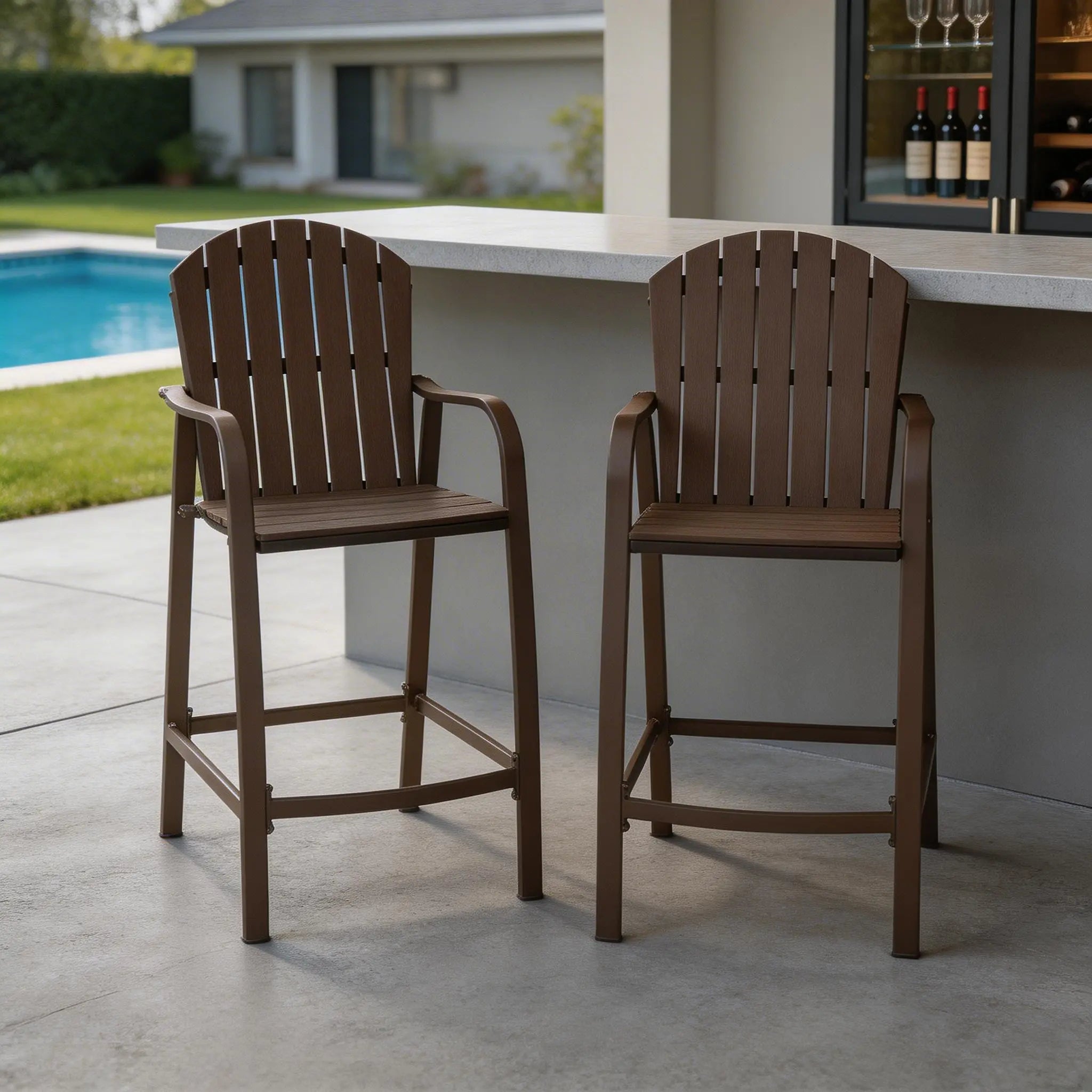 Set of Two 28" Brown Aluminum Outdoor Bar Height Chairs with Footrest Homeroots Outdoor
