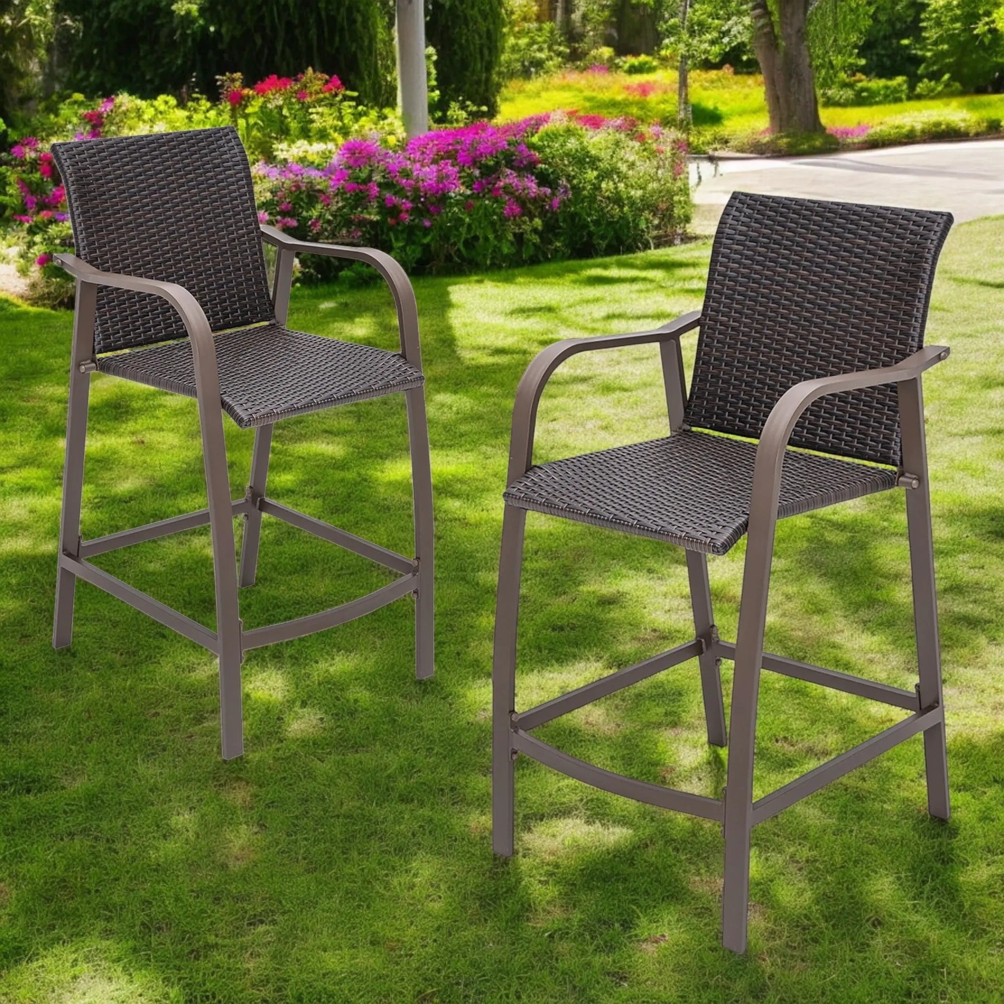Set of Two 28" Brown Aluminum Outdoor Counter Height Bar Chairs with Footrest Homeroots Outdoor