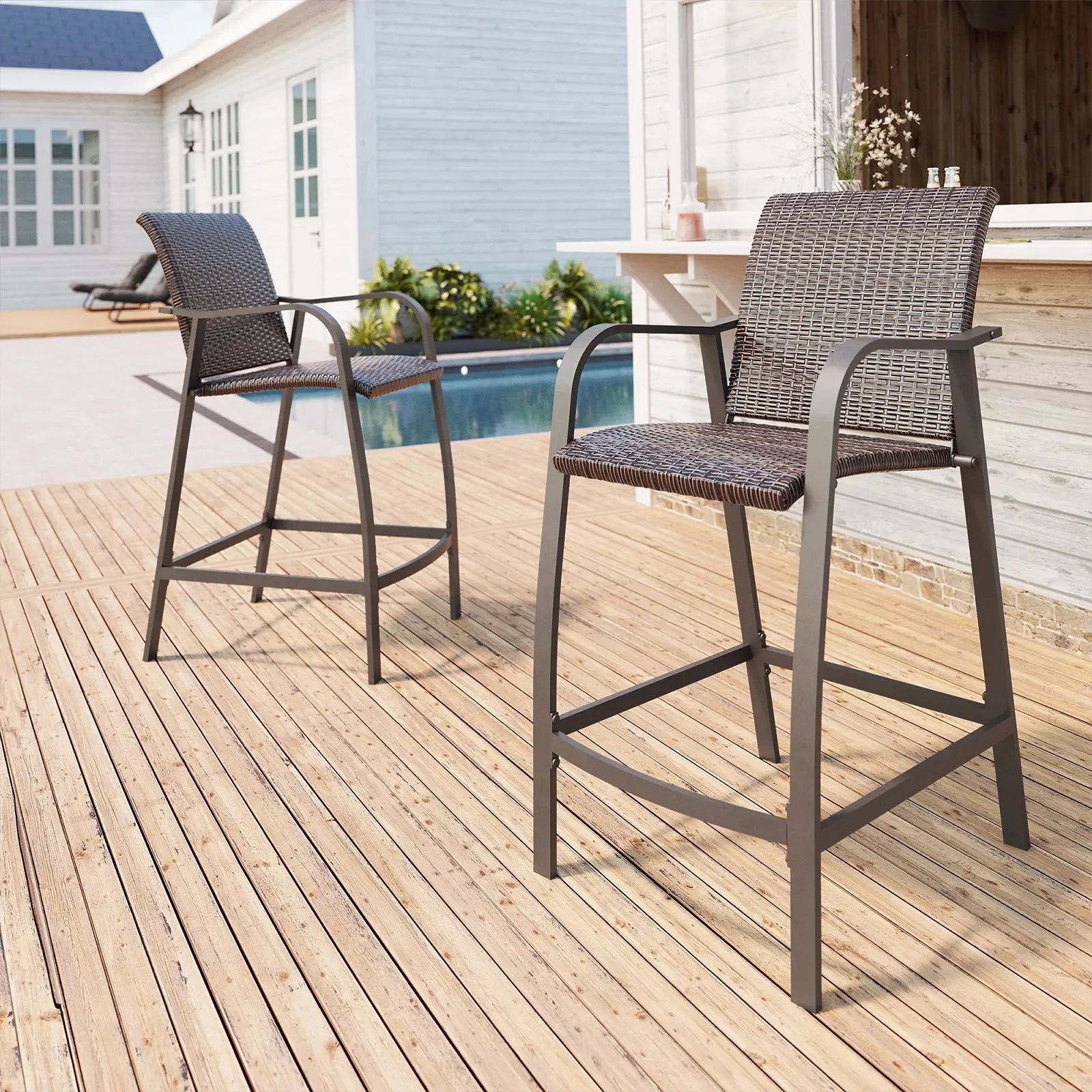 Set of Two 28" Brown Aluminum Outdoor Counter Height Bar Chairs with Footrest Homeroots Outdoor
