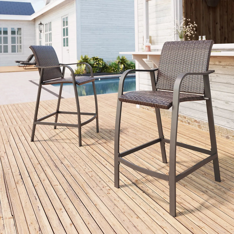 Set of Two 28" Brown Aluminum Outdoor Counter Height Bar Chairs with Footrest Homeroots Outdoor