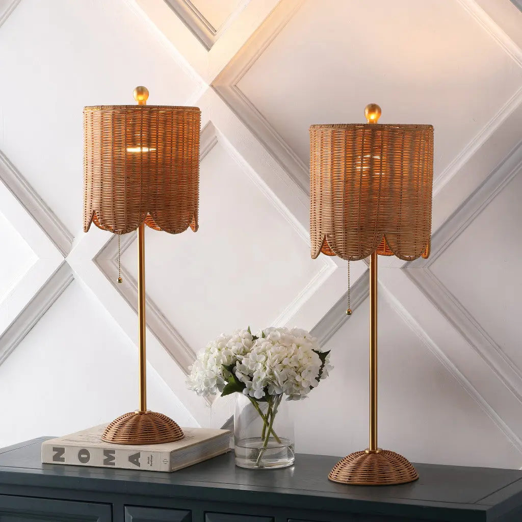 Set of Two 28" Brown Table Lamps With Drum Shades Homeroots Lighting