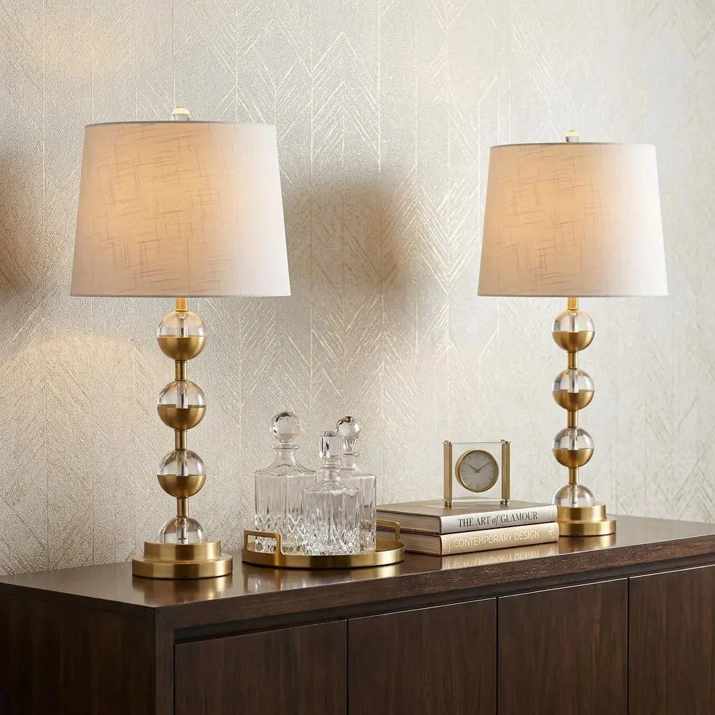 Set of Two 28" Gold Round Bedside Lamps With Drum Shades Homeroots Lighting