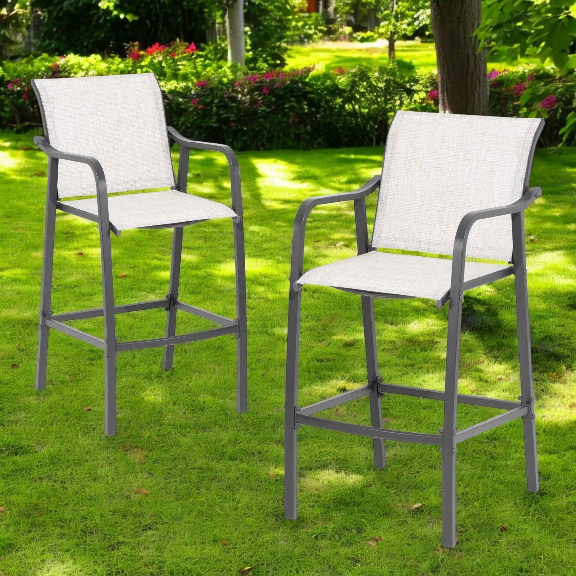 Set of Two 28" Gray Steel Outdoor Bar Height Chairs with Footrest Homeroots Outdoor