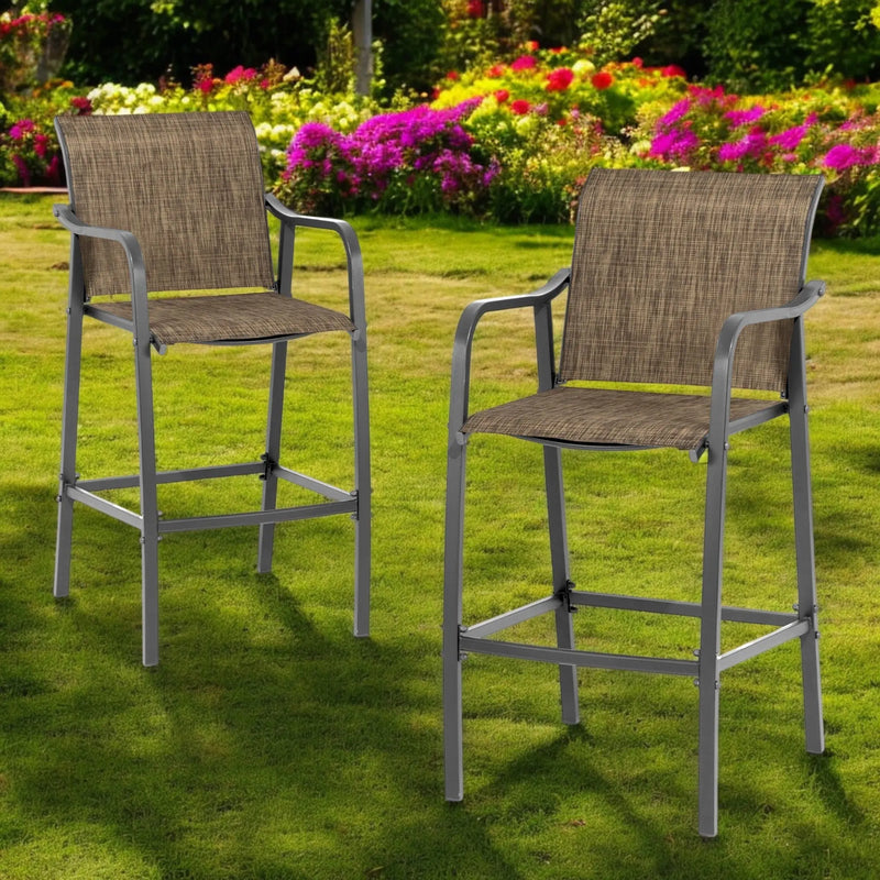 Set of Two 28" Gray and Brown Steel Outdoor Bar Height Chairs with Footrest Homeroots Outdoor